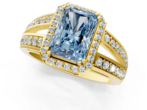 Yellow gold Fancy Blue Radiant Cut Diamond Halo Ring with Split Shank Pavé Band and Four-Prong Setting_1