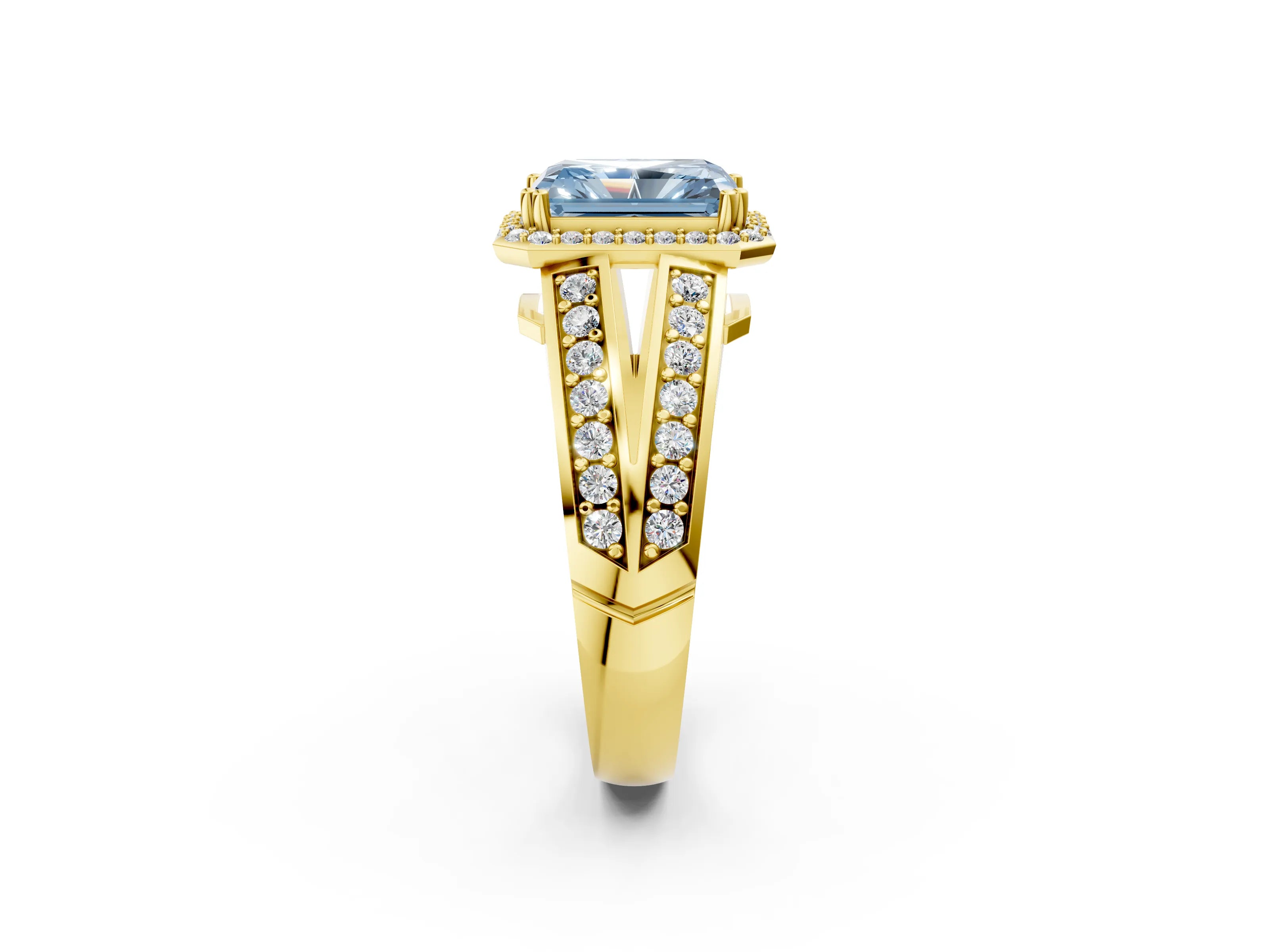 Yellow gold Fancy Blue Radiant Cut Diamond Halo Ring with Split Shank Pavé Band and Four-Prong Setting_2