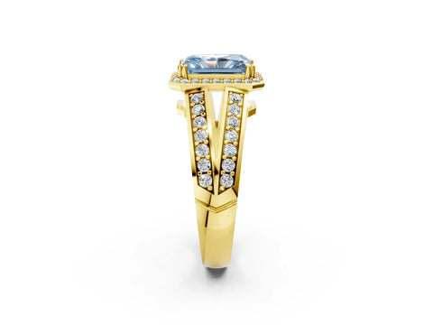 Yellow gold Fancy Blue Radiant Cut Diamond Halo Ring with Split Shank Pavé Band and Four-Prong Setting_2