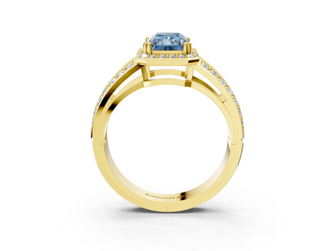 Yellow gold Fancy Blue Radiant Cut Diamond Halo Ring with Split Shank Pavé Band and Four-Prong Setting_3