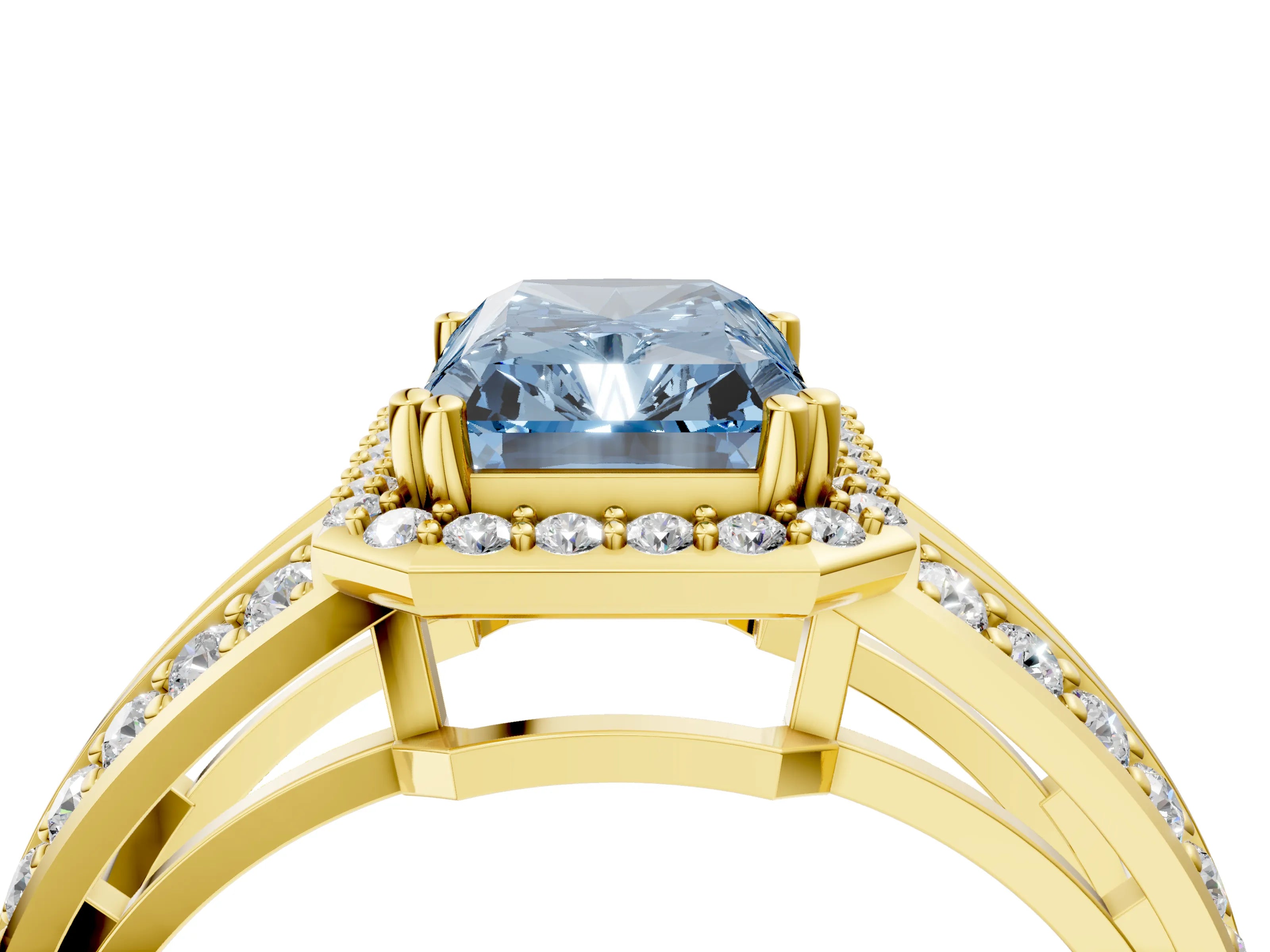 Yellow gold Fancy Blue Radiant Cut Diamond Halo Ring with Split Shank Pavé Band and Four-Prong Setting_4