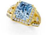 Yellow gold Fancy Blue Radiant Cut Diamond Halo Ring with Split Shank and Bezel Accents and Four-Prong Setting_1