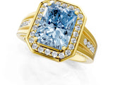 Yellow gold Fancy Blue Radiant Cut Diamond Halo Ring with Split Shank and Bezel Accents and Prong Setting_1