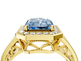 Yellow gold Fancy Blue Radiant Cut Diamond Halo Ring with Split Shank and Bezel Accents and Prong Setting_4