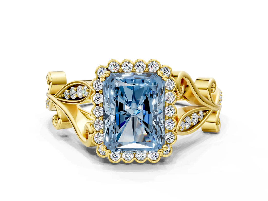 Yellow gold Fancy Blue Radiant Cut Diamond Halo Ring with Vintage Split Shank and Four-Prong Setting_37