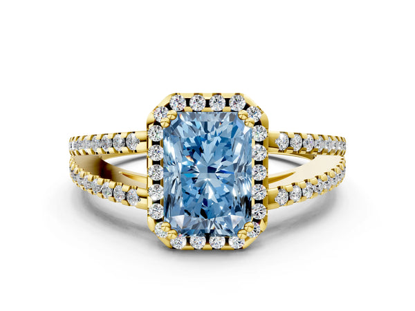Yellow gold Fancy Blue Radiant Cut Diamond Halo Split Shank Engagement Ring