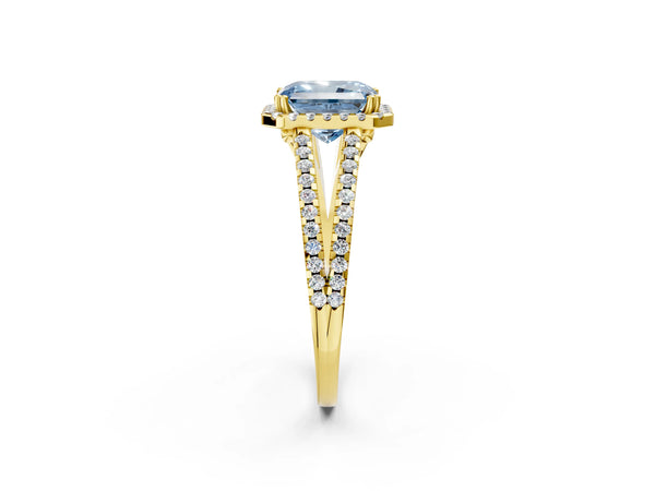 Yellow gold Fancy Blue Radiant Cut Diamond Halo Split Shank Engagement Ring