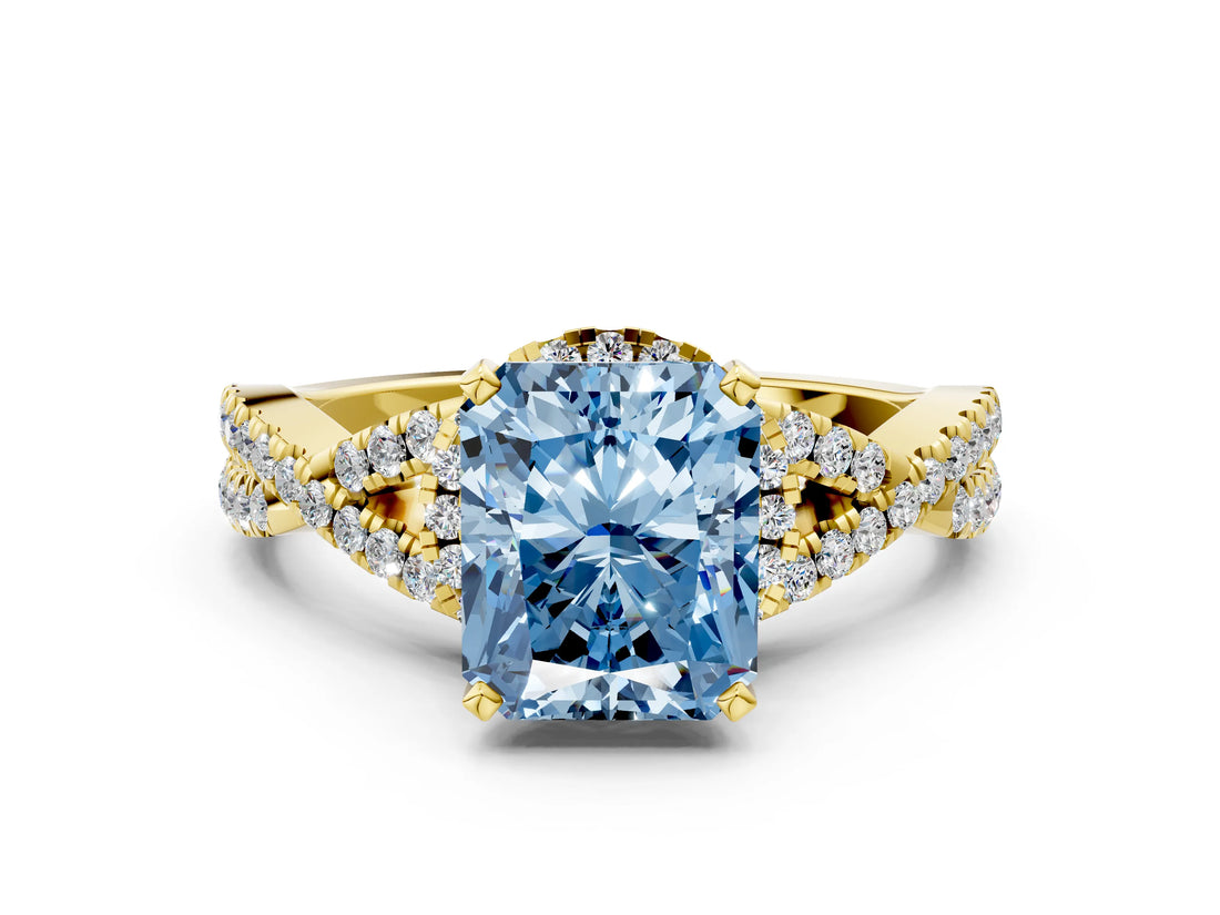 Yellow gold Fancy Blue Radiant Cut Diamond  Halo Twist Band Solitaire Prong Setting Ring_54