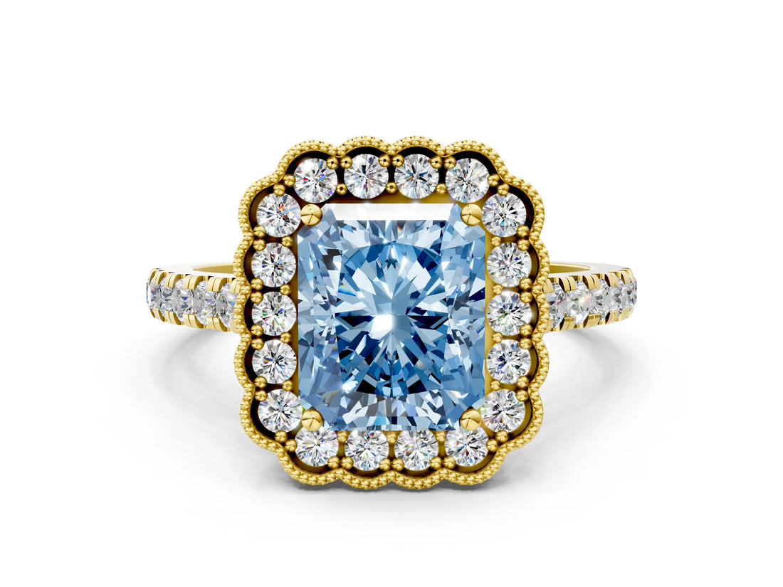 Yellow gold Fancy Blue Radiant  Cut Diamond Milgrain Floral Halo Engagement Ring with Pavé Band_15
