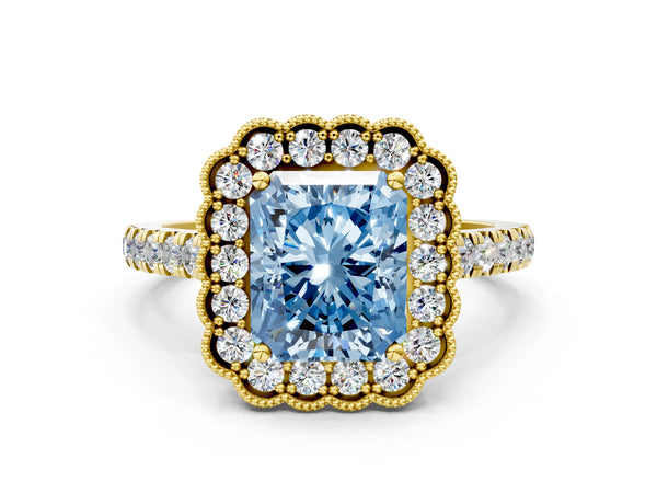Yellow gold Fancy Blue Radiant  Cut Diamond Milgrain Floral Halo Engagement Ring with Pavé Band
