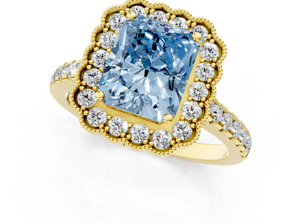 Yellow gold Fancy Blue Radiant  Cut Diamond Milgrain Floral Halo Engagement Ring with Pavé Band