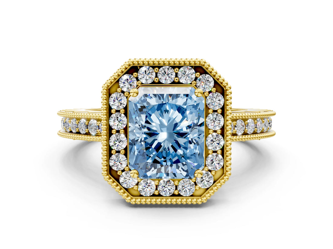 Yellow gold Fancy Blue Radiant Cut Diamond Milgrain Halo Engagement Ring with Round Pavé Band and Prong Setting_12