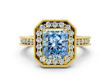 Yellow gold Fancy Blue Radiant Cut Diamond Milgrain Halo Engagement Ring with Round Pavé Band and Prong Setting_12