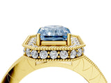 Yellow gold Fancy Blue Radiant Cut Diamond Milgrain Halo Engagement Ring with Round Pavé Band and Prong Setting_16