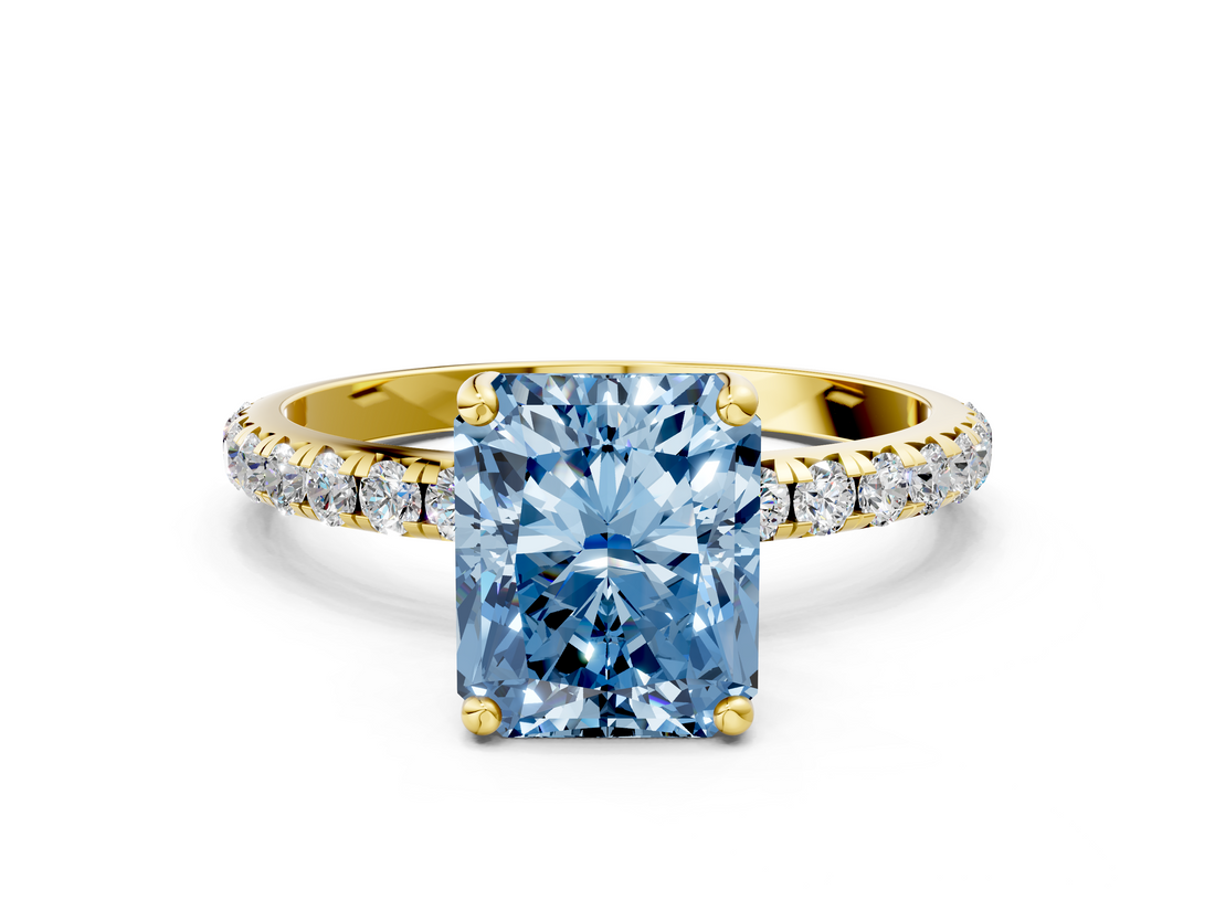 Yellow gold Fancy Blue Radiant  Cut Diamond Pavé Band Solitaire with Four-Prong Setting_3