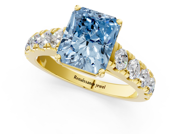 Yellow gold Fancy Blue Radiant  Cut Diamond Solitaire Ring with Micro Pave Band and Prong Setting