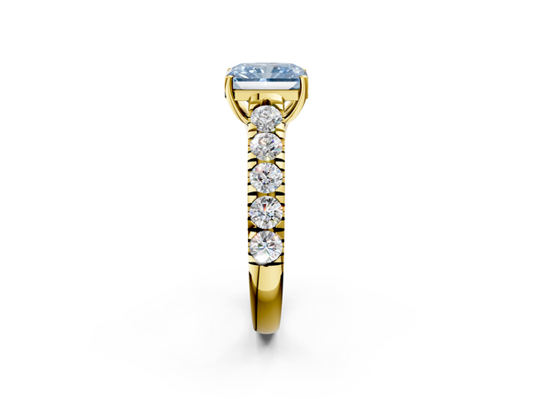 Yellow gold Fancy Blue Radiant  Cut Diamond Solitaire Ring with Micro Pave Band and Prong Setting