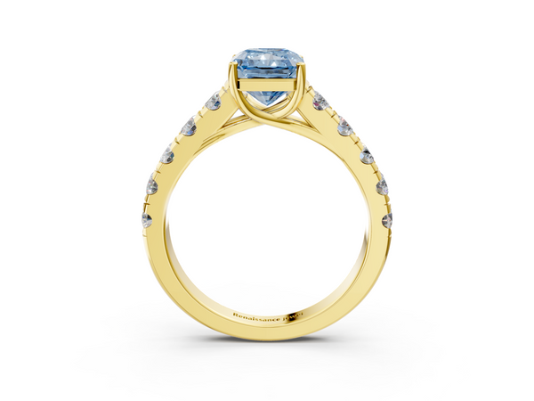 Yellow gold Fancy Blue Radiant  Cut Diamond Solitaire Ring with Micro Pave Band and Prong Setting
