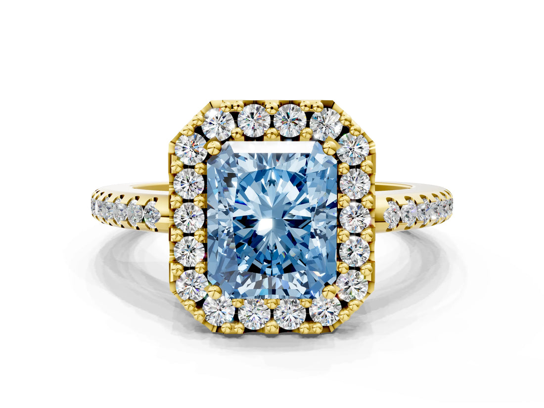 Yellow gold Fancy Blue Radiant Cut Diamond Pavé Halo Ring with Four-Prong Setting_36