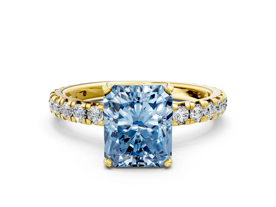 Yellow gold Fancy Blue Radiant Cut Diamond Pavé Solitaire Ring with Round Band and Prong Setting_12