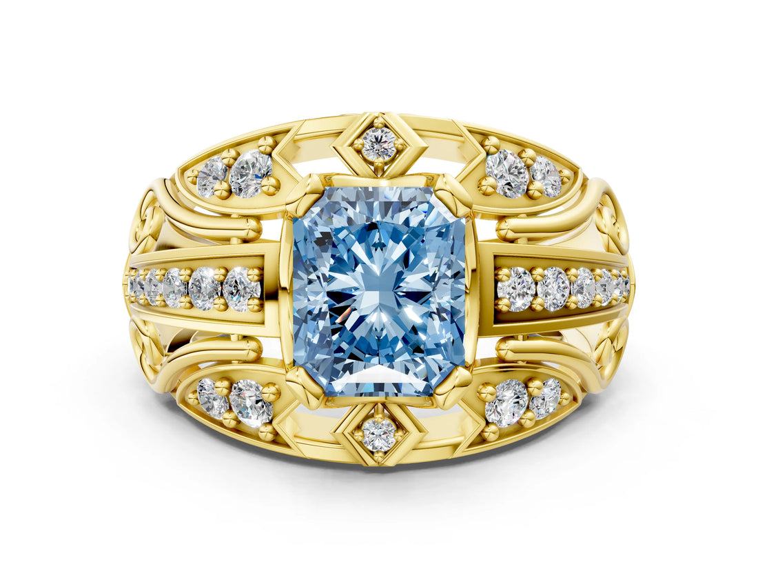 Yellow gold Fancy Blue Radiant Cut Diamond Pave Art Deco Split Shank Ring with Four-Prong Setting
