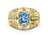 Yellow gold Fancy Blue Radiant Cut Diamond Pave Art Deco Split Shank Ring with Four-Prong Setting