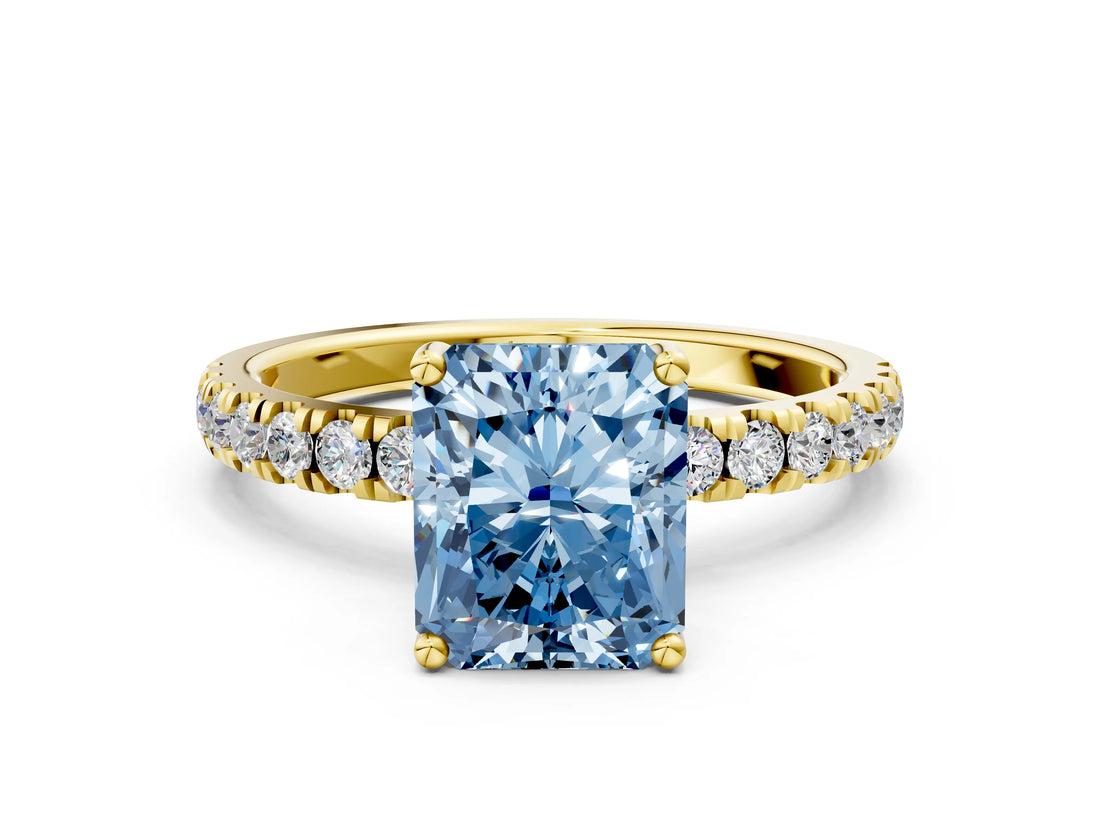 Yellow gold Fancy Blue Radiant Cut Diamond Pave Band Solitaire Ring with Four-Prong Setting_57