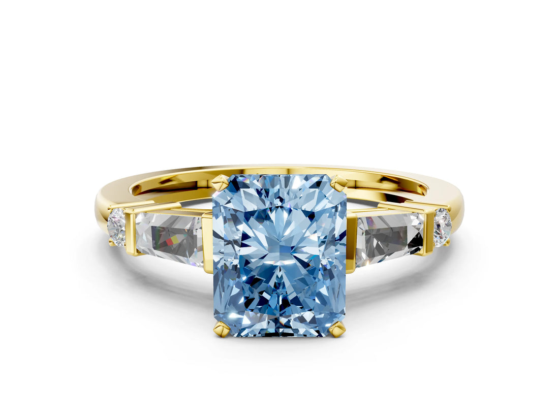 Yellow gold Fancy Blue Radiant  Cut Diamond Ring with Baguette Side Stones, Channel Set Band, and Four-Prong Setting_24
