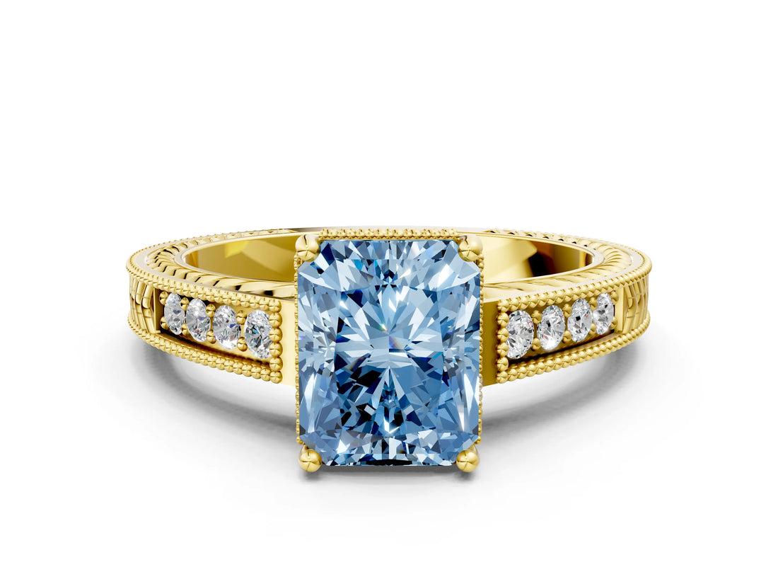 Yellow gold Fancy Blue Radiant Cut Diamond Ring with Milgrain Pavé Band and Four-Prong Setting_20