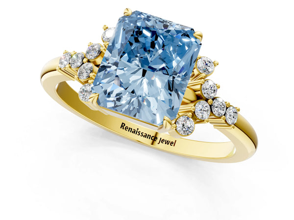Yellow gold Fancy Blue Radiant Cut Diamond Ring with Side Stones and Four-Prong Setting