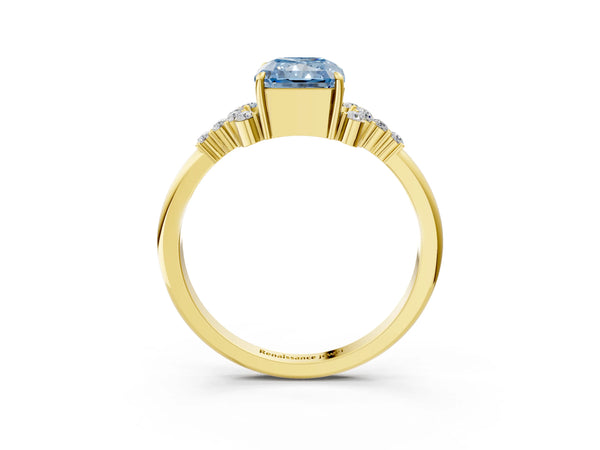 Yellow gold Fancy Blue Radiant Cut Diamond Ring with Side Stones and Four-Prong Setting