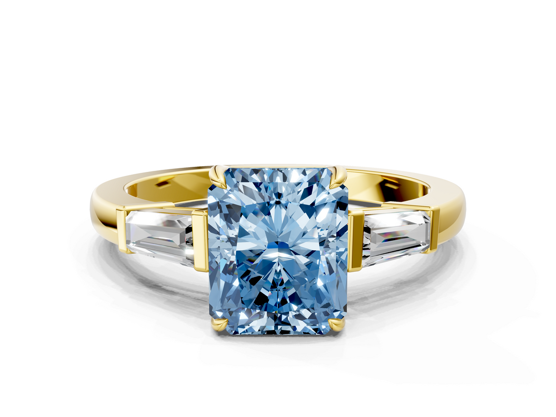 Yellow gold Fancy Blue Radiant  Cut Diamond Ring with Tapered Baguette Side Stones in Four-Prong Setting_3