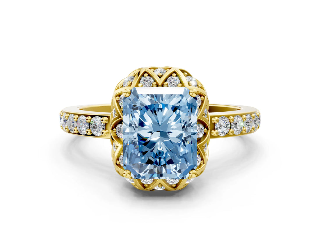 Yellow gold Fancy Blue Radiant Cut Diamond Scalloped Halo Engagement Ring with Round Shared Prong Band_12