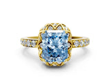 Yellow gold Fancy Blue Radiant Cut Diamond Scalloped Halo Engagement Ring with Round Shared Prong Band_12