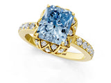 Yellow gold Fancy Blue Radiant Cut Diamond Scalloped Halo Engagement Ring with Round Shared Prong Band_13