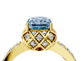 Yellow gold Fancy Blue Radiant Cut Diamond Scalloped Halo Engagement Ring with Round Shared Prong Band_16