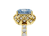 Yellow gold Fancy Blue Radiant Cut Diamond Scalloped Halo Engagement Ring with Round Shared Prong Band_17