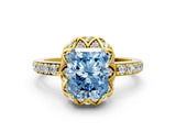 Yellow gold Fancy Blue Radiant Cut Diamond Scalloped Halo Engagement Ring with Round Shared Prong Band_24