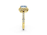 Yellow gold Fancy Blue Radiant Cut Diamond Scalloped Halo Engagement Ring with Round Shared Prong Band_26