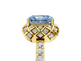 Yellow gold Fancy Blue Radiant Cut Diamond Scalloped Halo Engagement Ring with Round Shared Prong Band_29