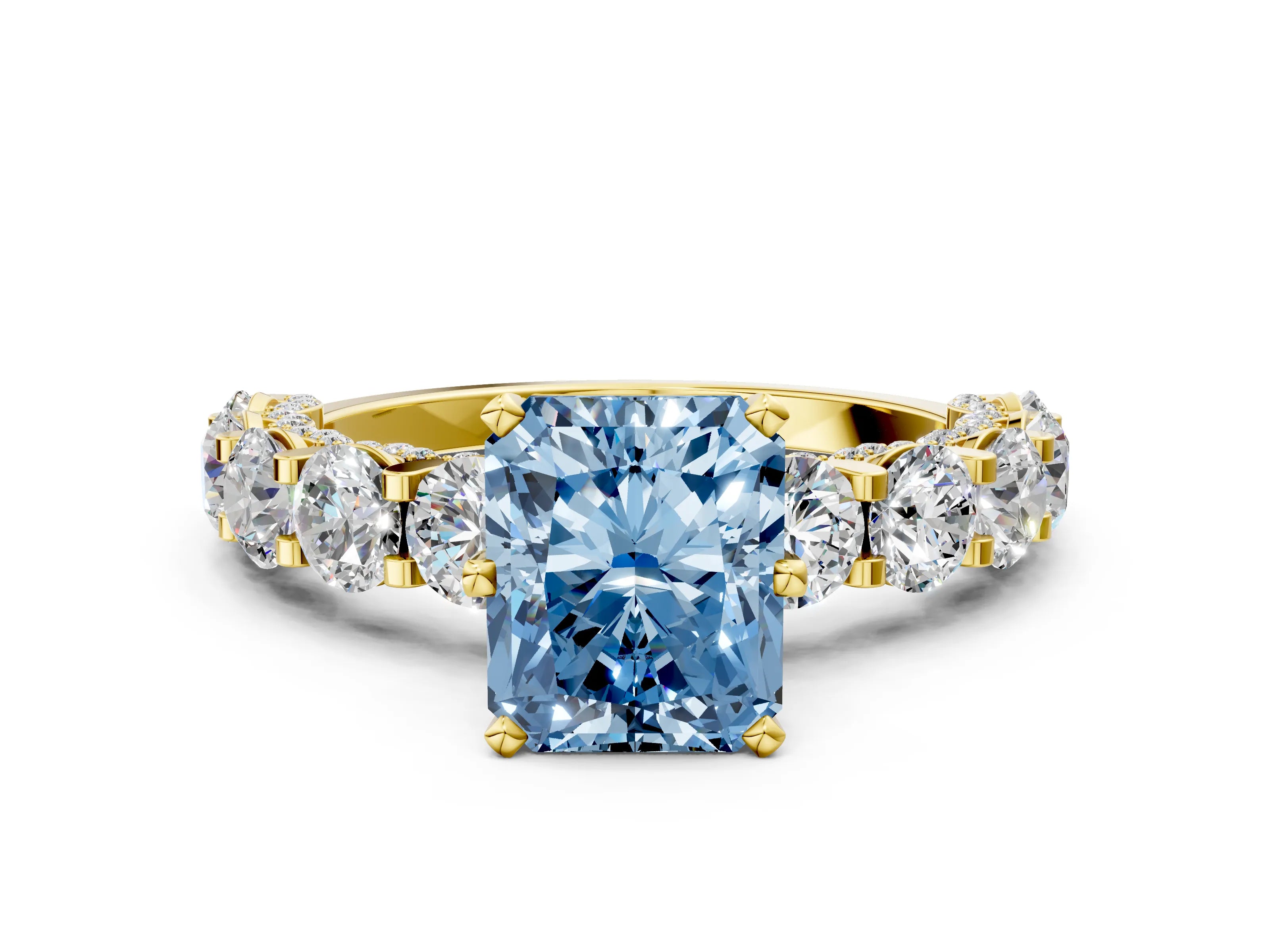 Yellow gold Fancy Blue Radiant Cut Diamond Side Stone Engagement Ring with Four-Prong Setting_24