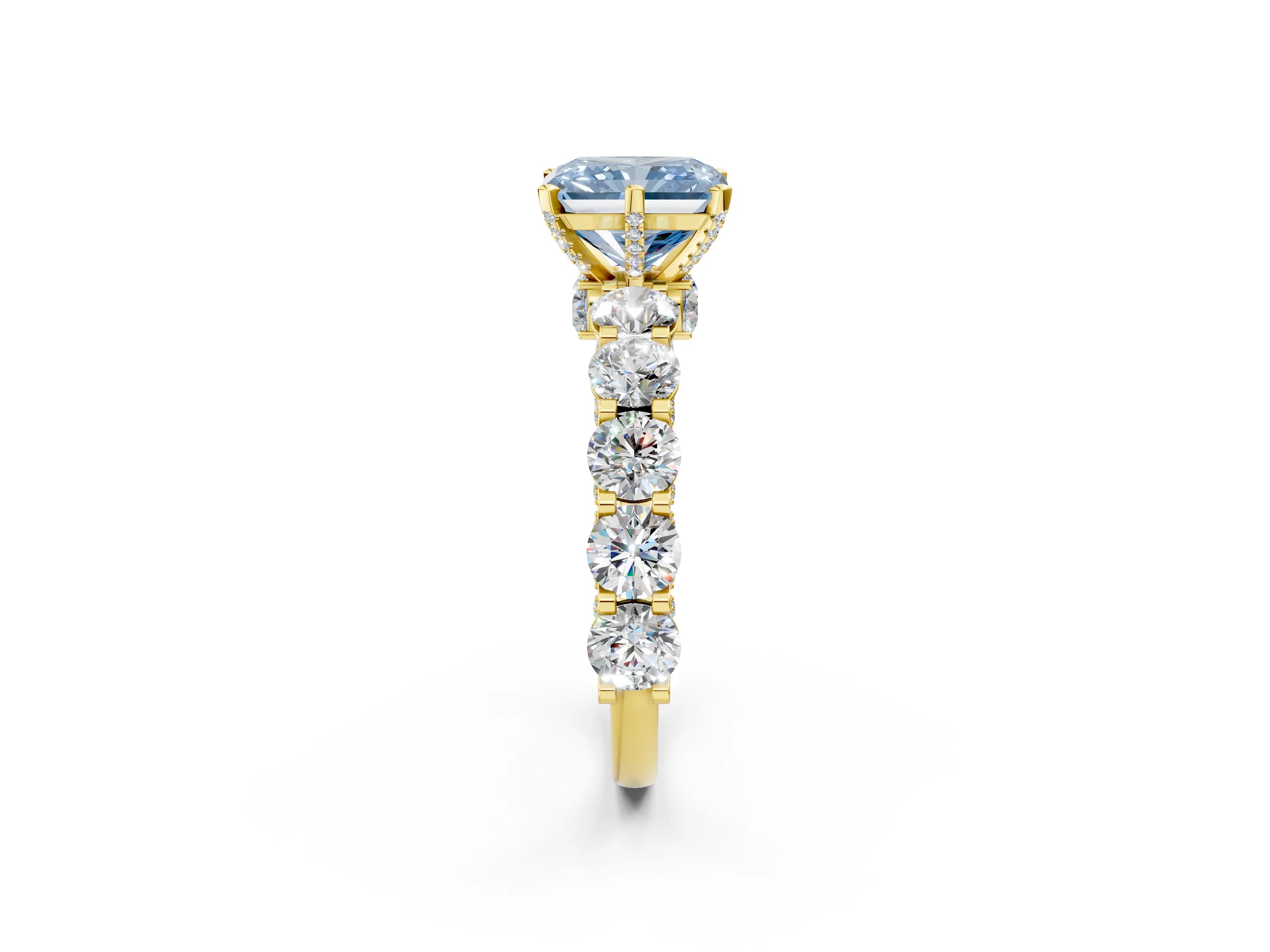 Yellow gold Fancy Blue Radiant Cut Diamond Side Stone Engagement Ring with Four-Prong Setting_26