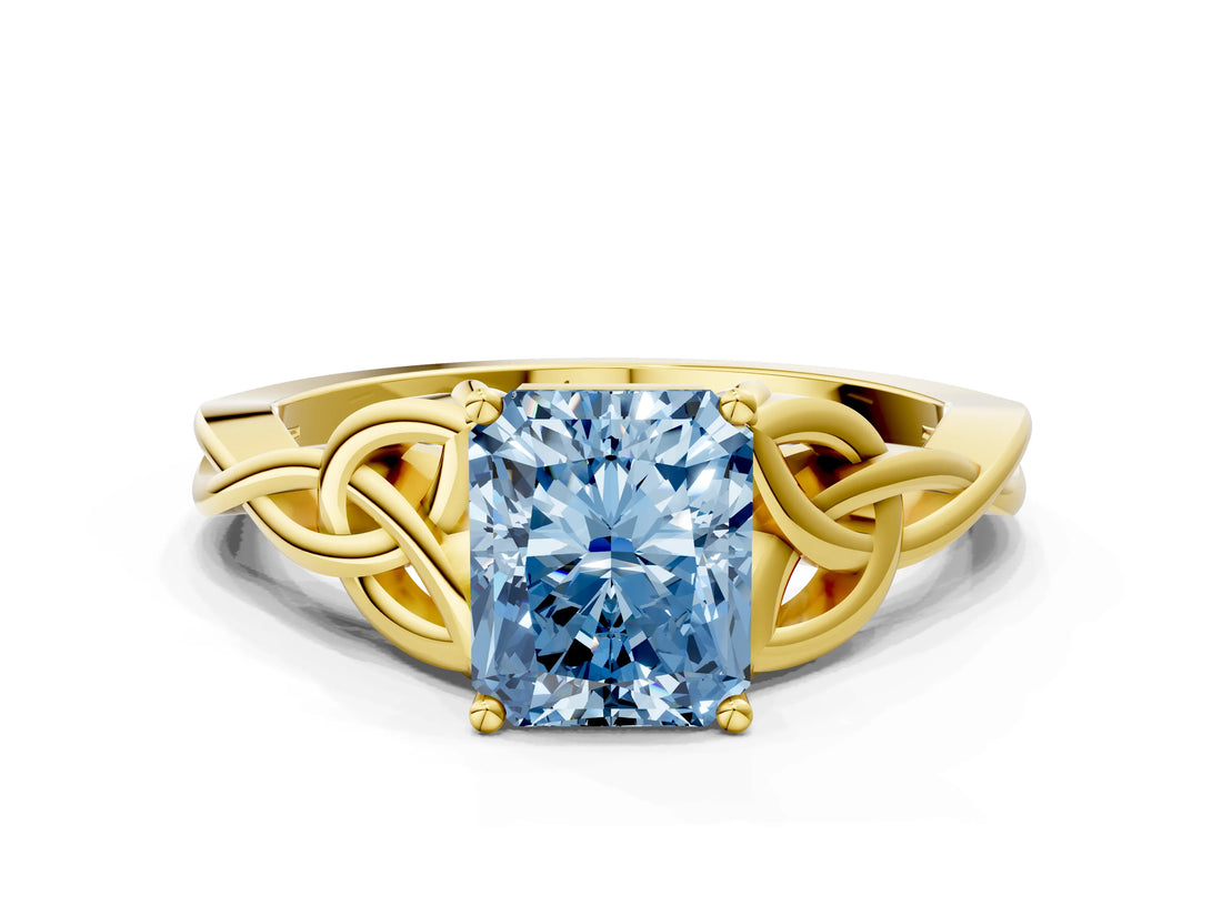 Yellow gold Fancy Blue Radiant Cut Diamond Solitaire Celtic Knot Ring with Four-Prong Setting_78