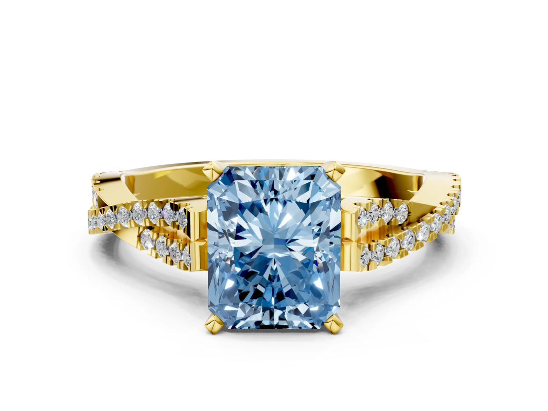 Yellow gold Fancy Blue Radiant Cut Diamond Solitaire Engagement Ring with Twisted Pavé Band and Four-Prong Setting_44
