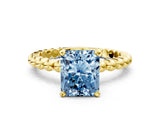 Yellow gold Fancy Blue Radiant Cut Diamond Solitaire Ring with Beaded Band and Prong Setting_296