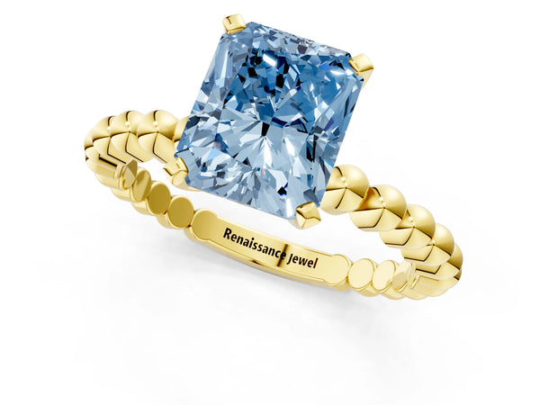 Yellow gold Fancy Blue Radiant Cut Diamond Solitaire Ring with Beaded Band and Prong Setting