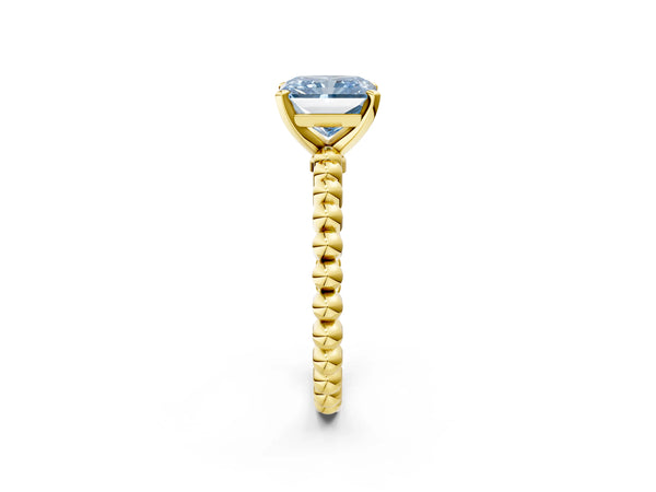 Yellow gold Fancy Blue Radiant Cut Diamond Solitaire Ring with Beaded Band and Prong Setting