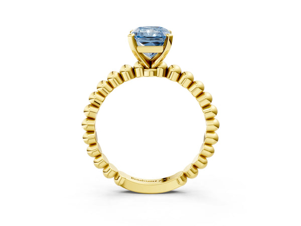 Yellow gold Fancy Blue Radiant Cut Diamond Solitaire Ring with Beaded Band and Prong Setting