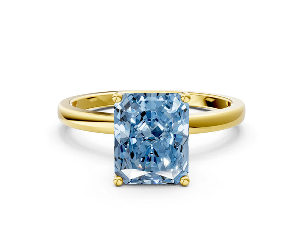 Yellow gold Fancy Blue Radiant Cut Diamond Solitaire Ring with Classic Band and Four-Prong Setting
