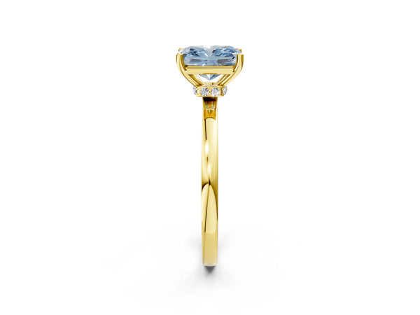 Yellow gold Fancy Blue Radiant Cut Diamond Solitaire Ring with Classic Band and Four-Prong Setting